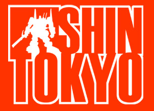 The Shin Tokyo logo. The logo has orange text that says ‘Shin Tokyo’ and the outline of a Gundam robot.